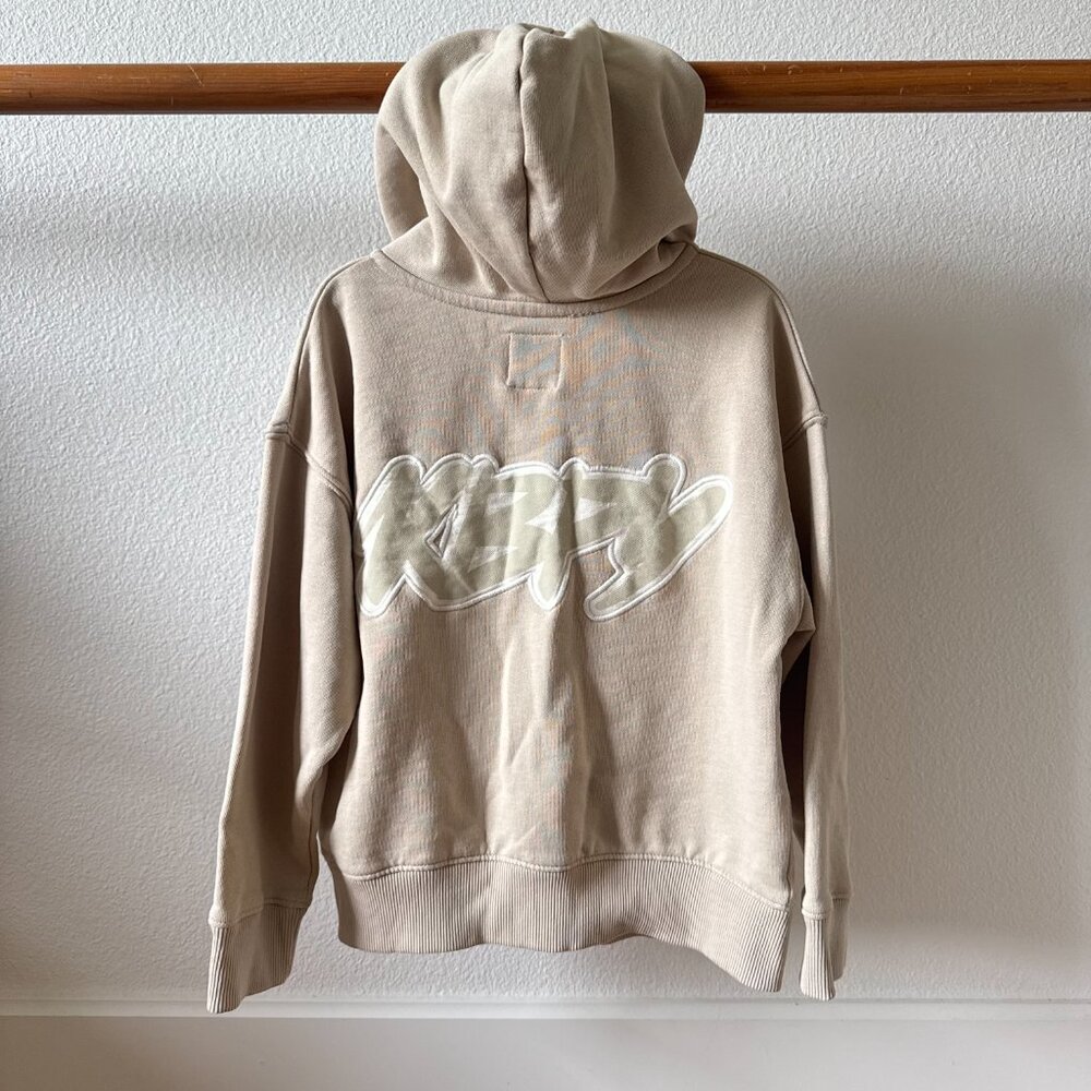 Zara Kids Zip-Up Hooded Sweatshirt Back Graphic Size 8-9  Tan+White